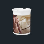SlipperyJoe's shirtless muscular man torso sixpack Beverage Pitcher<br><div class="desc">SlipperyJoe's shirtless muscular man torso sixpack abs fit physique locker room showers artistic LGBTQIA gay pride gifts neutral beige tiles overhead lighting brightness highlighting contours definition chest subject's hand near his waistband candid locker-room moment feel built-in benches stripped down public bathroom showerhead</div>