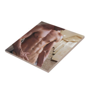 SlipperyJoe's shirtless muscular man torso sixpack Ceramic Tile