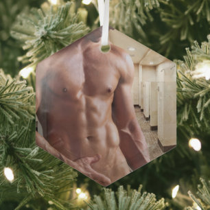 SlipperyJoe's shirtless muscular man torso sixpack Glass Ornament
