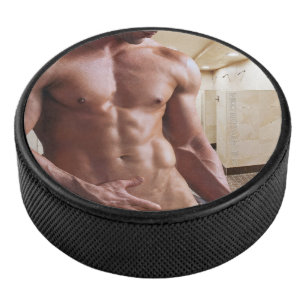 SlipperyJoe's shirtless muscular man torso sixpack Hockey Puck