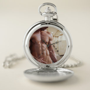 SlipperyJoe's shirtless muscular man torso sixpack Pocket Watch