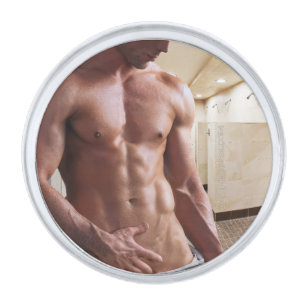SlipperyJoe's shirtless muscular man torso sixpack Silver Finish Lapel Pin