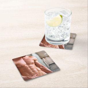 SlipperyJoe's shirtless muscular man torso sixpack Square Paper Coaster
