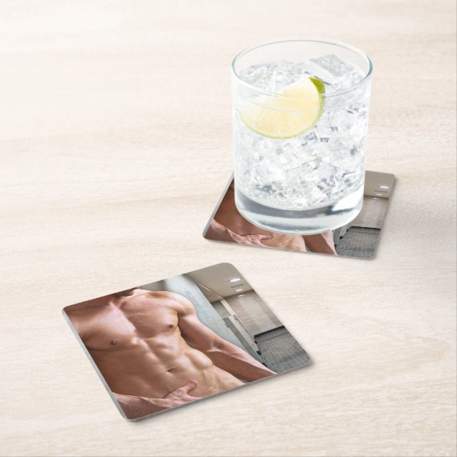 SlipperyJoe's shirtless muscular man torso sixpack Square Paper Coaster (Insitu)
