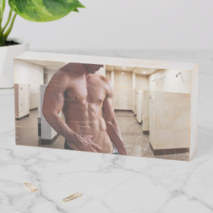 SlipperyJoe's shirtless muscular man torso sixpack Wooden Box Sign