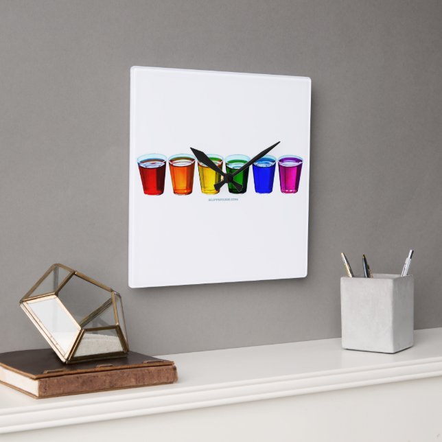 SlipperyJoe's shot glasses six cups arranged horiz Square Wall Clock (Office)