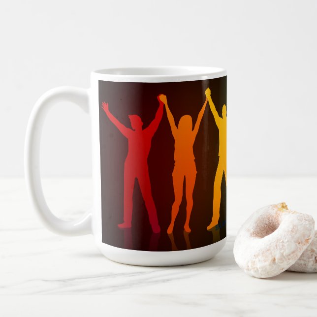 Slipperyjoe's six standing silhouettes arms raised coffee mug (With Donut)