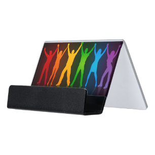 Slipperyjoe's six standing silhouettes arms raised desk business card holder