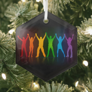 Slipperyjoe's six standing silhouettes arms raised glass ornament