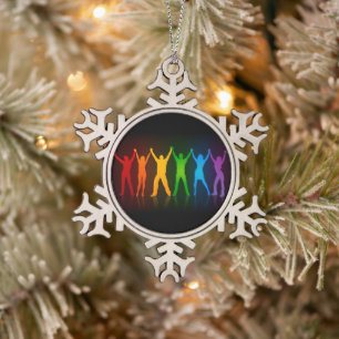 Slipperyjoe's six standing silhouettes arms raised snowflake pewter christmas ornament