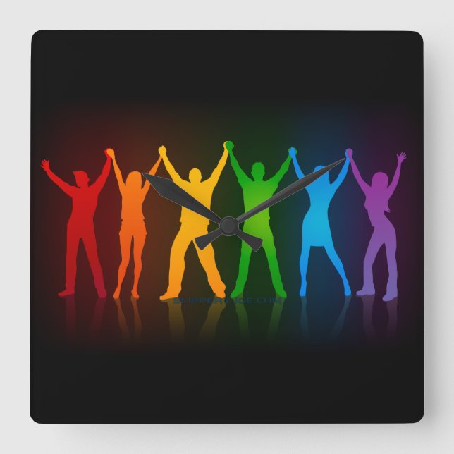 Slipperyjoe's six standing silhouettes arms raised square wall clock (Front)