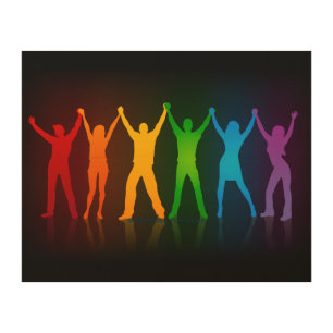 Slipperyjoe's six standing silhouettes arms raised wood wall art
