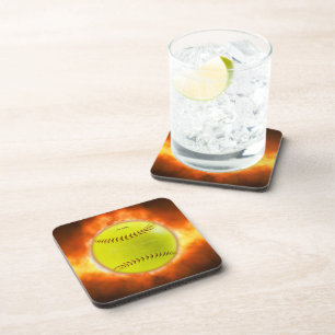 SlipperyJoe's softball on fire flames fireball ras Beverage Coaster