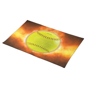 SlipperyJoe's softball on fire flames fireball ras Cloth Placemat