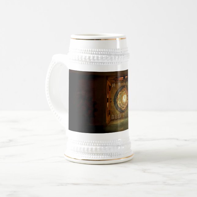 SlipperyJoe's steampunk-themed New Year round meta Beer Stein (Front Left)