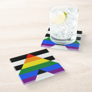 SlipperyJoe's straight ally flag smooth rainbow gr Glass Coaster