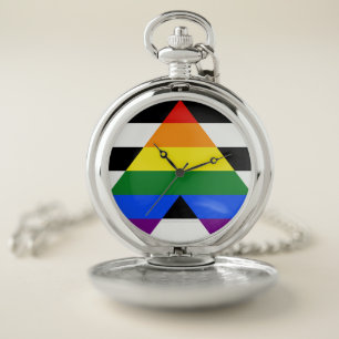 SlipperyJoe's straight ally flag smooth rainbow gr Pocket Watch