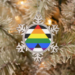 SlipperyJoe's straight ally flag smooth rainbow gr Snowflake Pewter Christmas Ornament