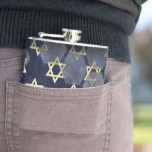 SlipperyJoe's strong Hanukkah vibe Star of David m Flask<br><div class="desc">SlipperyJoe's strong Hanukkah vibe Star of David motif symbol symbolizing Jewish identity and tradition artistic subtle silvery-gray tone deep midnight-blue background traditional colors associated Hebrew celebrations religious light shining into darkness digital stained glass effect repeated clean geometric patterns creates rhythm and unity elegant contemporary abstract symbolism</div>