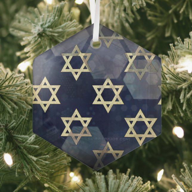 SlipperyJoe's strong Hanukkah vibe Star of David m Glass Ornament (Insitu)