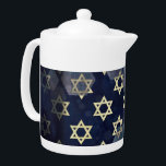 SlipperyJoe's strong Hanukkah vibe Star of David m Teapot<br><div class="desc">SlipperyJoe's strong Hanukkah vibe Star of David motif symbol symbolizing Jewish identity and tradition artistic subtle silvery-gray tone deep midnight-blue background traditional colors associated Hebrew celebrations religious light shining into darkness digital stained glass effect repeated clean geometric patterns creates rhythm and unity elegant contemporary abstract symbolism</div>
