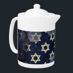 SlipperyJoe's strong Hanukkah vibe Star of David m Teapot<br><div class="desc">SlipperyJoe's strong Hanukkah vibe Star of David motif symbol symbolizing Jewish identity and tradition artistic subtle silvery-gray tone deep midnight-blue background traditional colors associated Hebrew celebrations religious light shining into darkness digital stained glass effect repeated clean geometric patterns creates rhythm and unity elegant contemporary abstract symbolism</div>