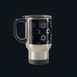 SlipperyJoe's strong Hanukkah vibe Star of David m Travel Mug<br><div class="desc">SlipperyJoe's strong Hanukkah vibe Star of David motif symbol symbolizing Jewish identity and tradition artistic subtle silvery-gray tone deep midnight-blue background traditional colors associated Hebrew celebrations religious light shining into darkness digital stained glass effect repeated clean geometric patterns creates rhythm and unity elegant contemporary abstract symbolism</div>