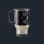 SlipperyJoe's strong Hanukkah vibe Star of David m Travel Mug<br><div class="desc">SlipperyJoe's strong Hanukkah vibe Star of David motif symbol symbolizing Jewish identity and tradition artistic subtle silvery-gray tone deep midnight-blue background traditional colors associated Hebrew celebrations religious light shining into darkness digital stained glass effect repeated clean geometric patterns creates rhythm and unity elegant contemporary abstract symbolism</div>