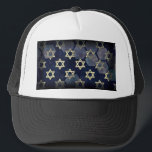 SlipperyJoe's strong Hanukkah vibe Star of David m Trucker Hat<br><div class="desc">SlipperyJoe's strong Hanukkah vibe Star of David motif symbol symbolizing Jewish identity and tradition artistic subtle silvery-gray tone deep midnight-blue background traditional colors associated Hebrew celebrations religious light shining into darkness digital stained glass effect repeated clean geometric patterns creates rhythm and unity elegant contemporary abstract symbolism</div>