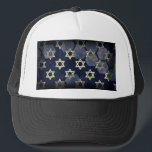 SlipperyJoe's strong Hanukkah vibe Star of David m Trucker Hat<br><div class="desc">SlipperyJoe's strong Hanukkah vibe Star of David motif symbol symbolizing Jewish identity and tradition artistic subtle silvery-gray tone deep midnight-blue background traditional colors associated Hebrew celebrations religious light shining into darkness digital stained glass effect repeated clean geometric patterns creates rhythm and unity elegant contemporary abstract symbolism</div>
