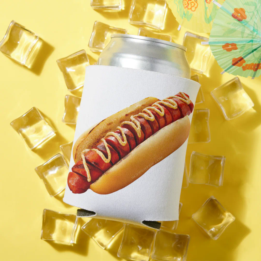 A yellow background with fresh ice cubes scattered. There's a little paper umbrella to the right-hand corner. The main image is a white can cooler with a hot dog printed on it.
