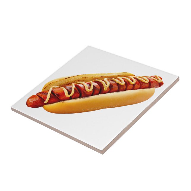 SlipperyJoe's summer BBQ vibe hot dog nestled soft Ceramic Tile (Side)