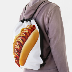 SlipperyJoe's summer BBQ vibe hot dog nestled soft Drawstring Bag