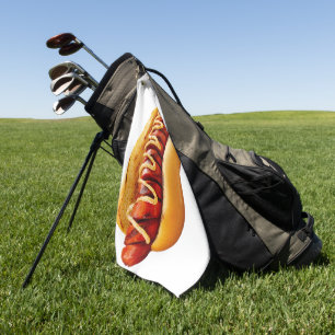 SlipperyJoe's summer BBQ vibe hot dog nestled soft Golf Towel