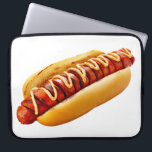 SlipperyJoe's summer BBQ vibe hot dog nestled soft Laptop Sleeve<br><div class="desc">SlipperyJoe's summer BBQ vibe hot dog nestled soft bun visible grill marks artistic food charred appearance delicious culinary delight vibrant yellow mustard topping condiment spiral-cut grilled along its length juicy plump meat LGBTQIA gay pride gifts corkscrew texture and edges crisped</div>