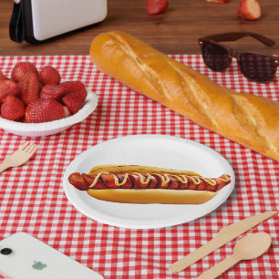 SlipperyJoe's summer BBQ vibe hot dog nestled soft Paper Plates