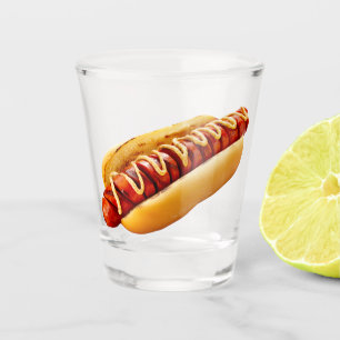 SlipperyJoe's summer BBQ vibe hot dog nestled soft Shot Glass
