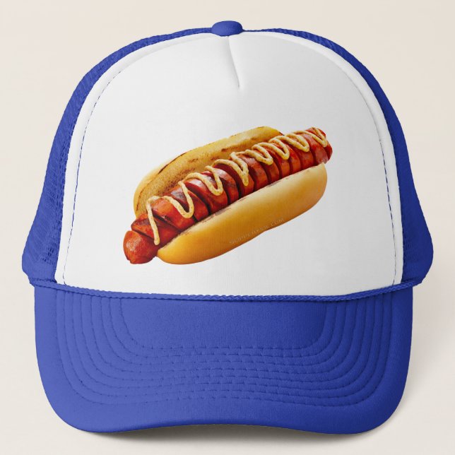SlipperyJoe's summer BBQ vibe hot dog nestled soft Trucker Hat (Front)