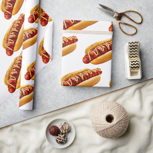SlipperyJoe's summer BBQ vibe hot dog nestled soft Wrapping Paper (Crafts)