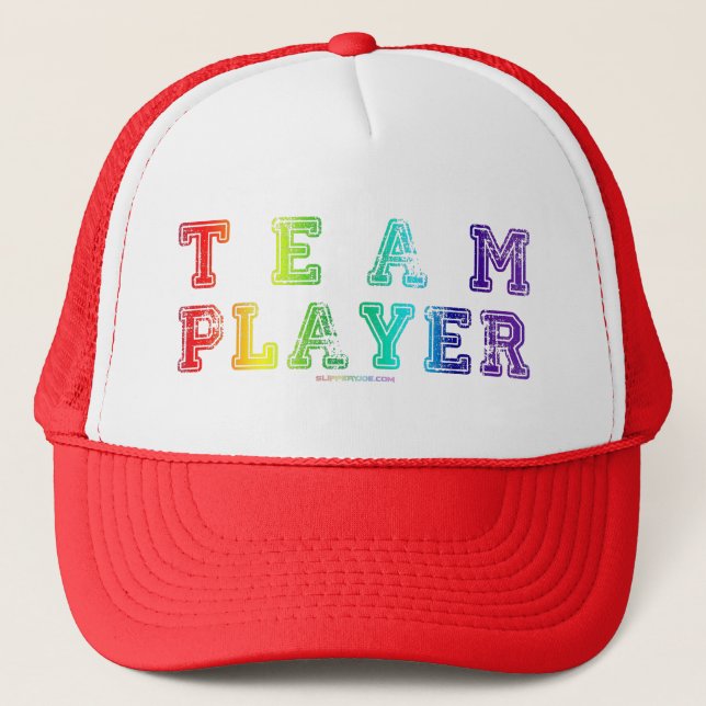 SlipperyJoe's Team Player words gradient rainbow c Trucker Hat (Front)
