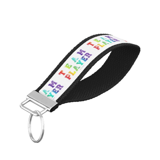 SlipperyJoe's Team Player words gradient rainbow c Wrist Keychain (Angled Down)