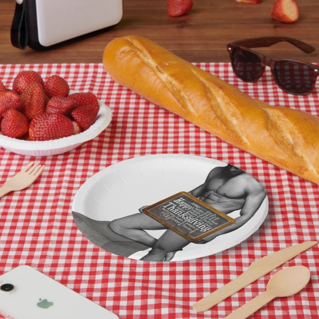 SlipperyJoe's Thanksgiving tradition muscular male Paper Plates (Picnic)