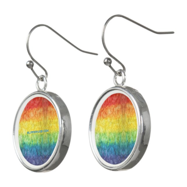 SlipperyJoe's tie-dyed flag rainbow pressed into s Earrings (Angled)