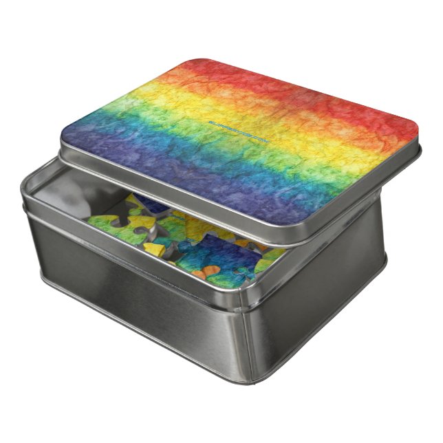 SlipperyJoe's tie-dyed flag rainbow pressed into s Jigsaw Puzzle (Lid Open)