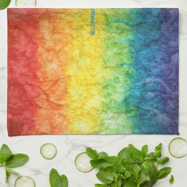 SlipperyJoe's tie-dyed flag rainbow pressed into s Kitchen Towel (Folded)