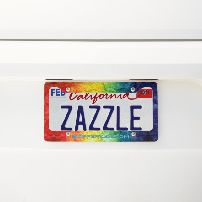 SlipperyJoe's tie-dyed flag rainbow pressed into s License Plate Frame (On Car)