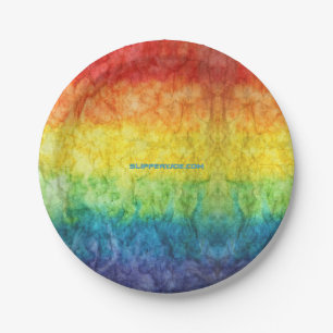 SlipperyJoe's tie-dyed flag rainbow pressed into s Paper Plates