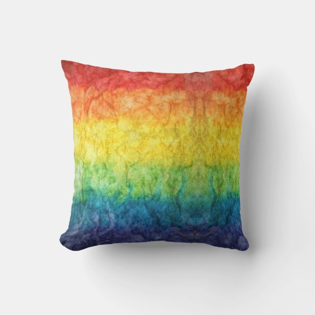 SlipperyJoe's tie-dyed flag rainbow pressed into s Throw Pillow (Front)