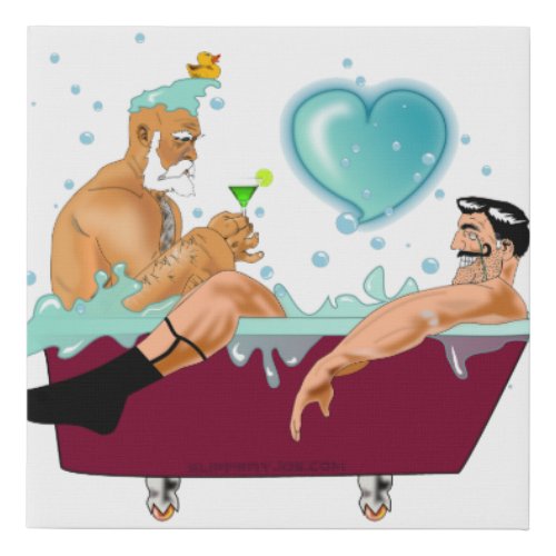 SlipperyJoes two gay men cartoon bathtub bubbles  Faux Canvas Print