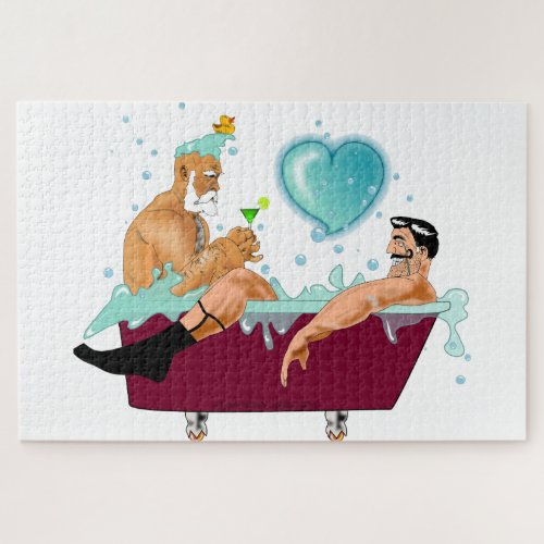 SlipperyJoes two gay men cartoon bathtub bubbles  Jigsaw Puzzle